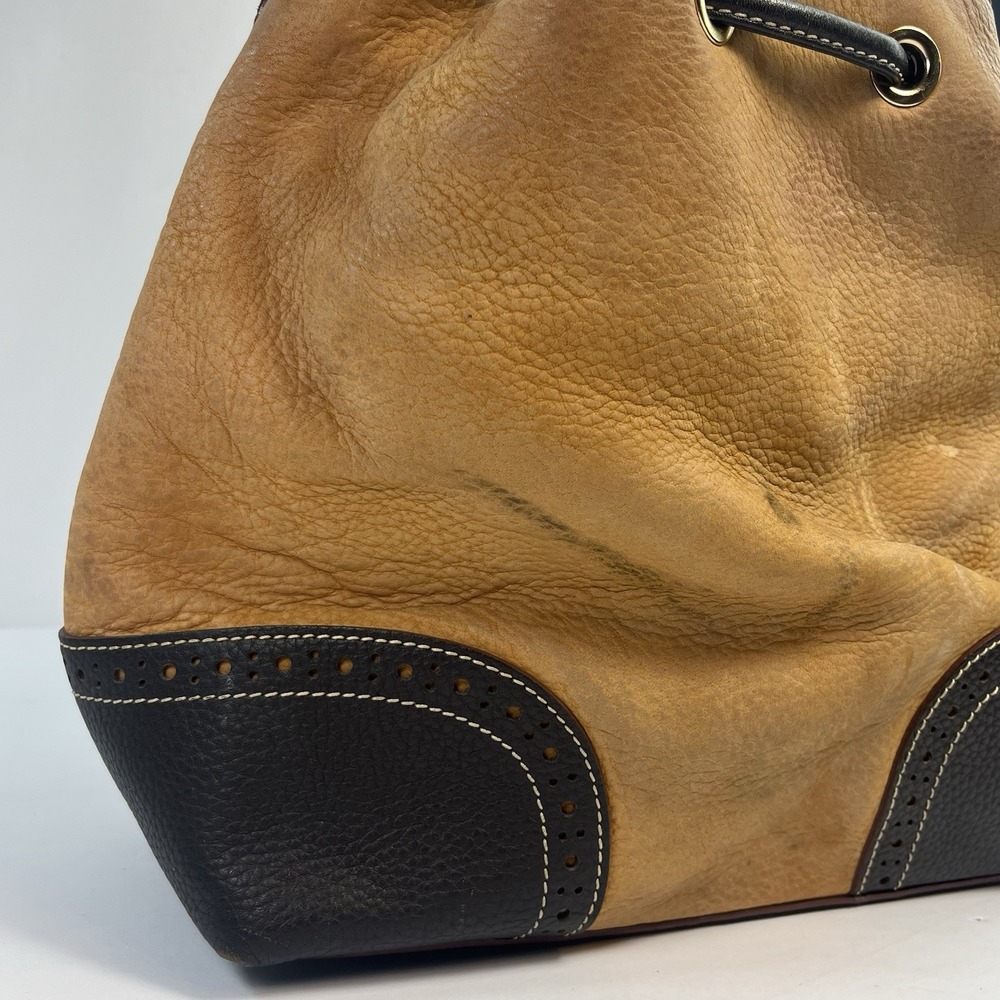 Dooney Bourke Brown Suede Black Leather Drawstring Bucket Bag - Picture 6 of 10